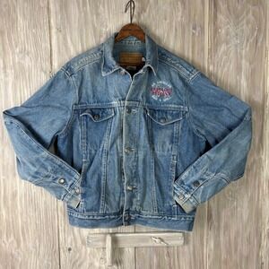 Calvin Klein Blue Jeans Denim Trucker Jacket Embroidered Mens M Barefoot Peddler